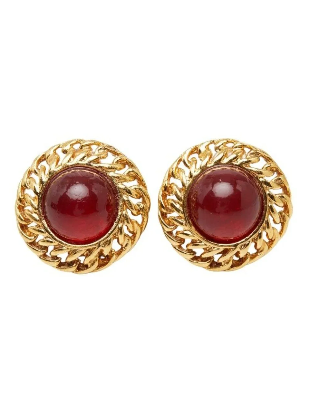 Chanel Gripoix Vintage Round Earrings Gold Red Plated Glass